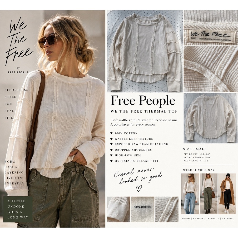 Free People We The Free Thermal Top S Ivory Waffle Knit Raw Seam OB1585986